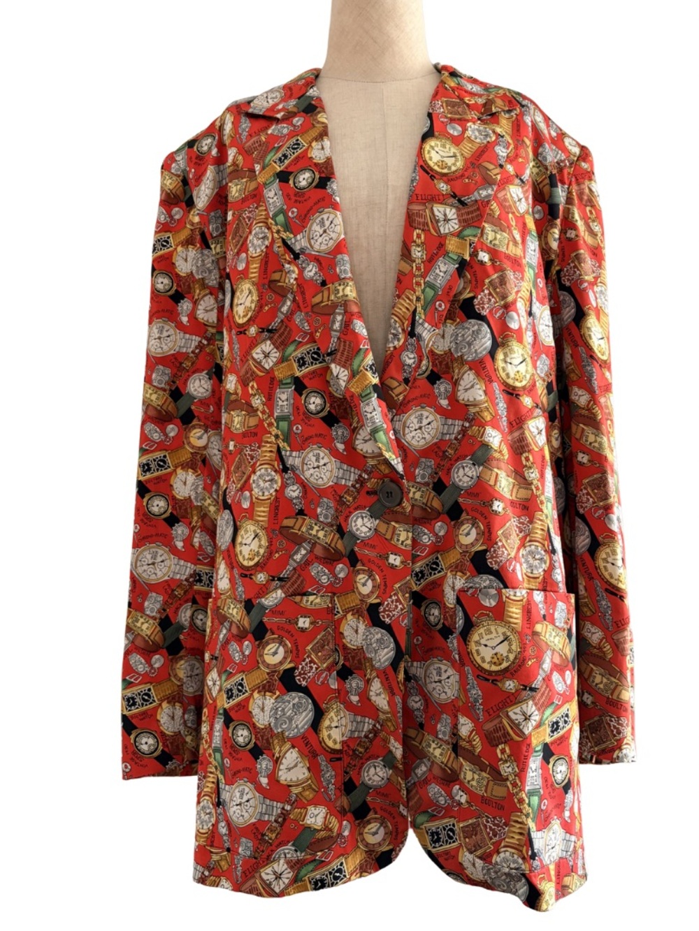 VTG 1992 Luxury Wrist Watch Print Blazer Jacket 100% Silk Large RARE Red Colors